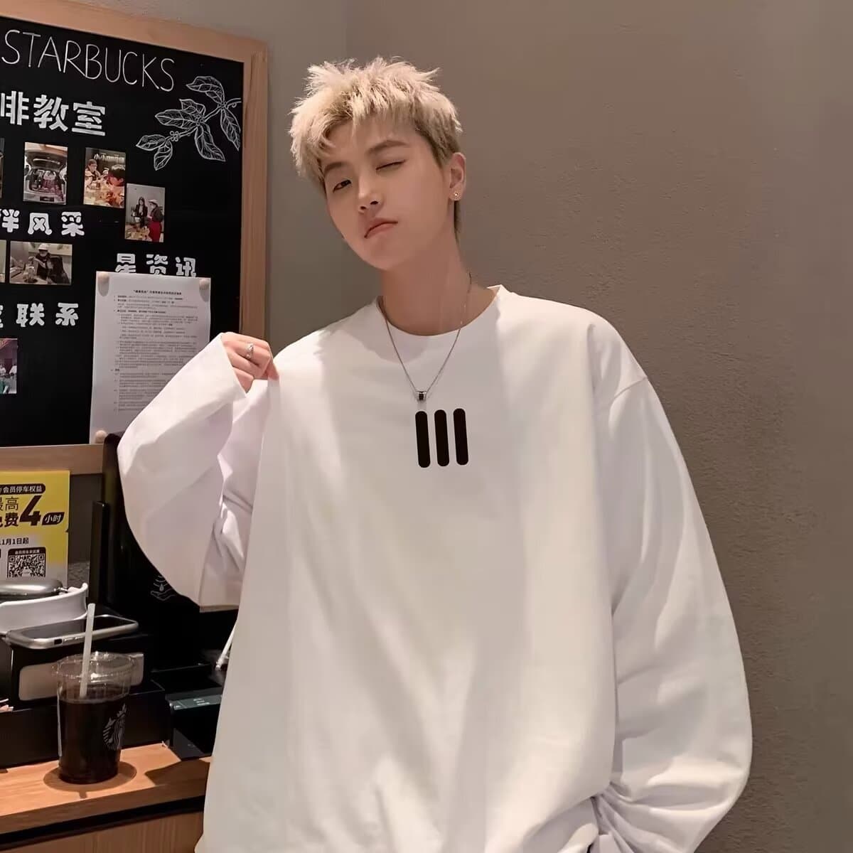白Tシャツ メンズ シンプル三本線デザイン長袖カットソー