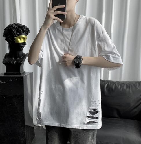 白Tシャツ メンズ白半袖ダメージ加工クルーネック半袖
