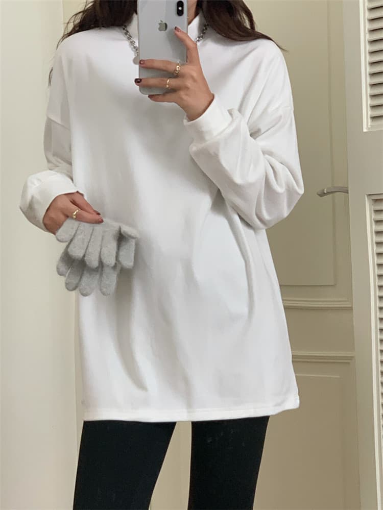 白Tシャツ 体型カバー白長袖タートルネックトップス
