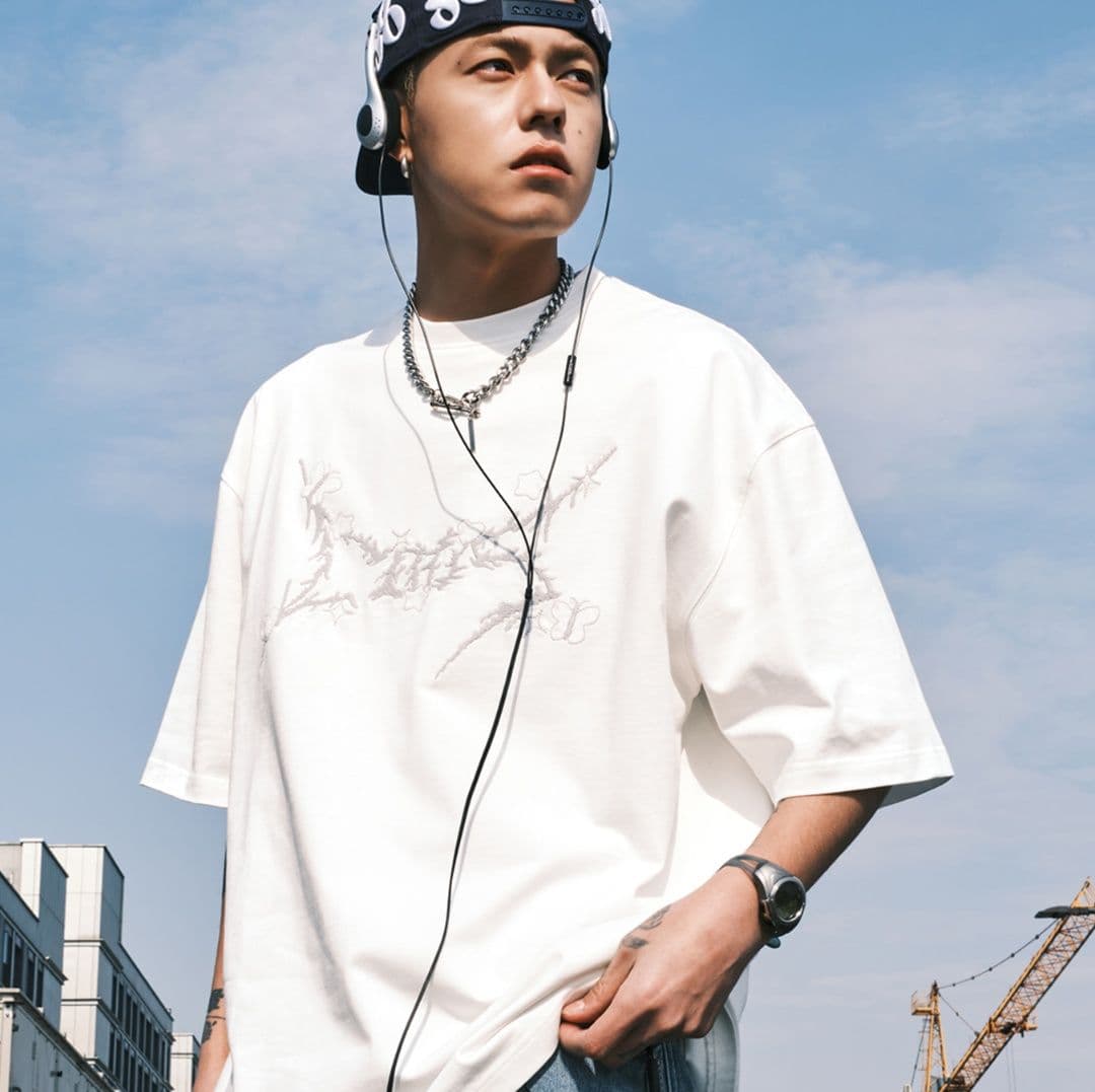 白Tシャツ メンズ 刺繍アートビッグシルエット半袖