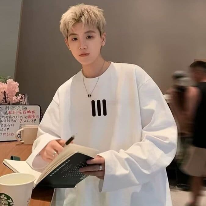 白Tシャツ メンズ シンプル三本線デザイン長袖カットソー