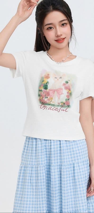 白Tシャツ レディース 優美な猫柄プリント半袖カットソー