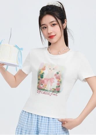 白Tシャツ レディース 優美な猫柄プリント半袖カットソー