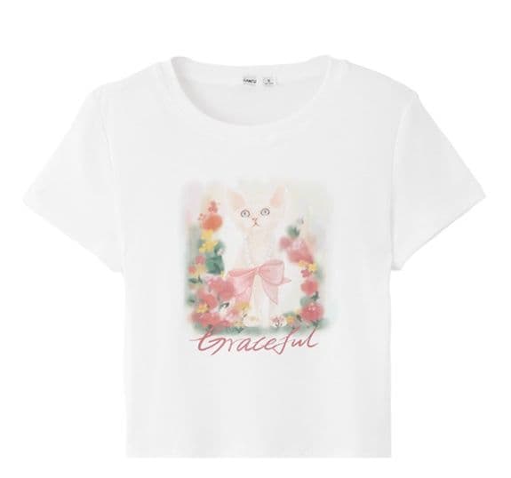 白Tシャツ レディース 優美な猫柄プリント半袖カットソー