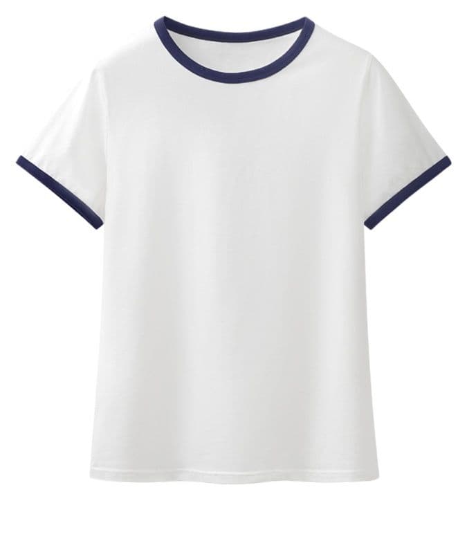 白Tシャツ レディース  配色リブ襟 シンプル半袖カットソー