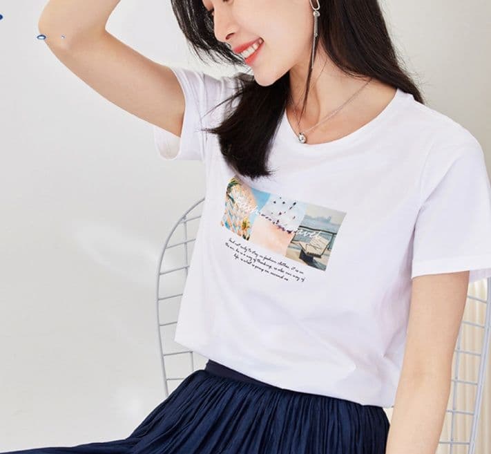 白Tシャツ レディース 風景フォトプリント半袖カットソー