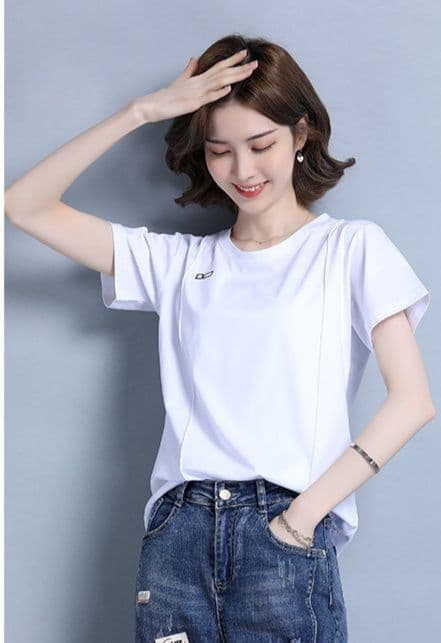 白Tシャツ レディース シンプル丸首ワンポイント半袖