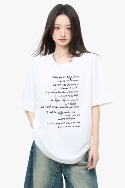 白Tシャツ レディース 詩情あふれるメッセージプリント半袖