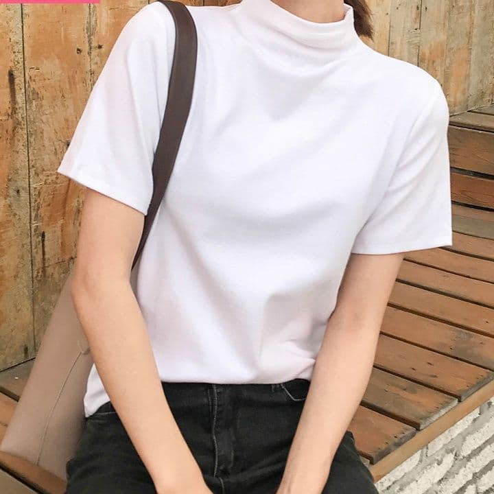 白Tシャツ モックネック半袖コットンカットソー