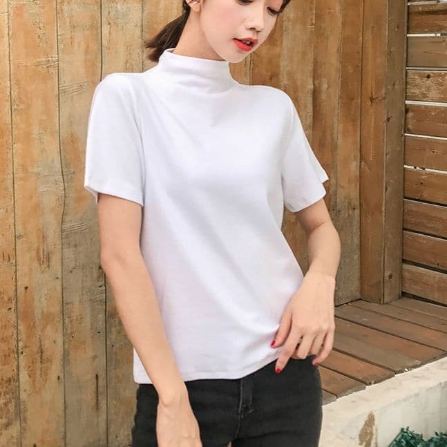 白Tシャツ モックネック半袖コットンカットソー