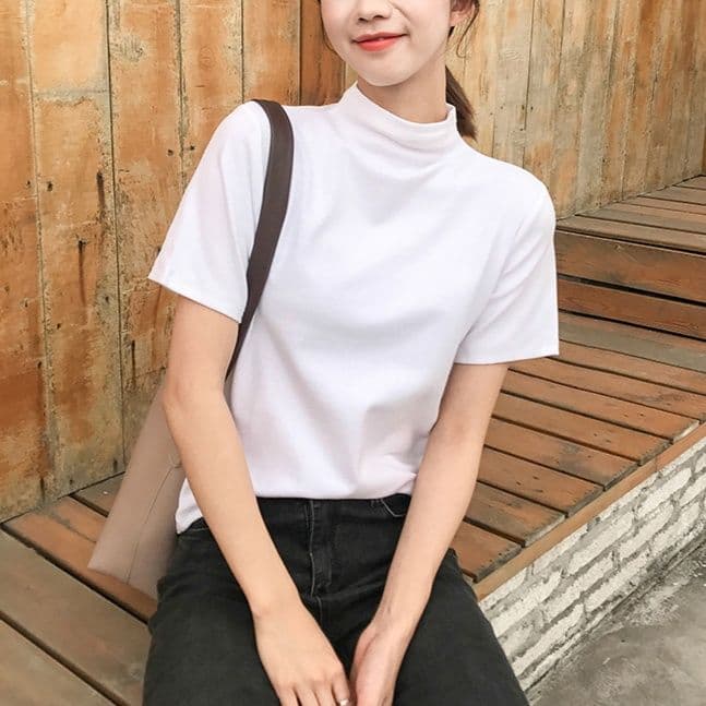 白Tシャツ モックネック半袖コットンカットソー