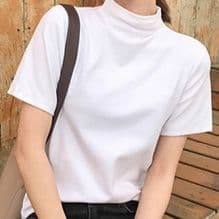 白Tシャツ モックネック半袖コットンカットソー
