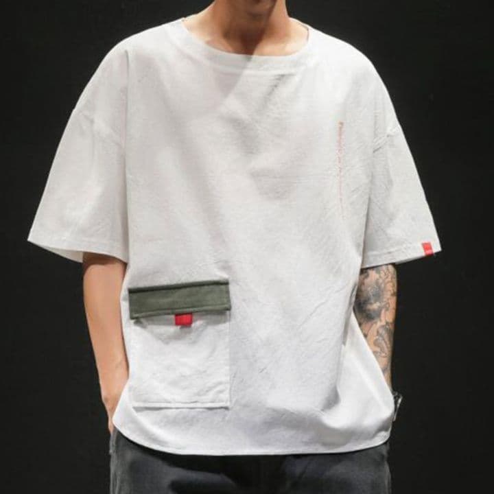 白Tシャツ 多機能ポケット付きゆったりオーバーサイズ半袖