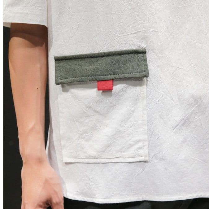白Tシャツ 多機能ポケット付きゆったりオーバーサイズ半袖
