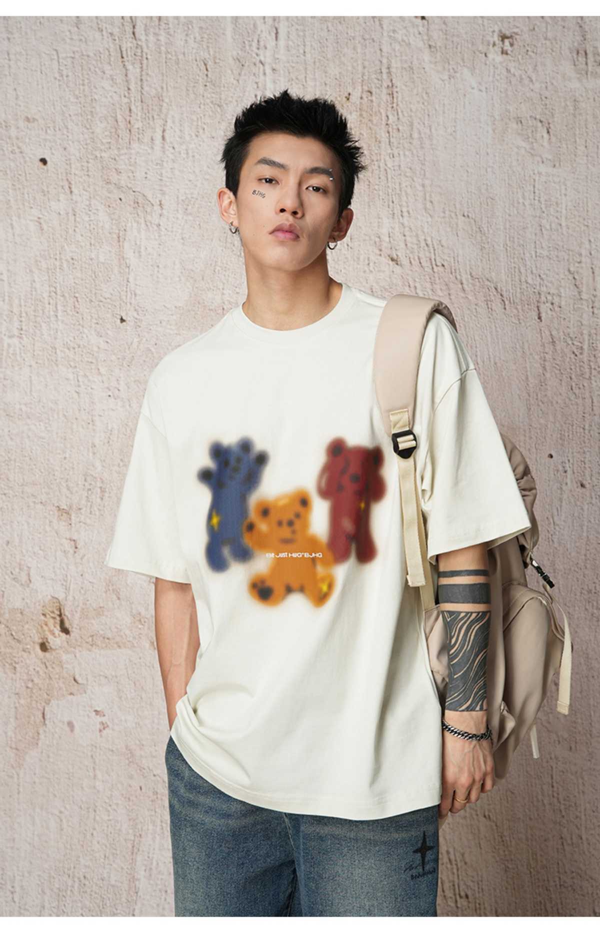 白Tシャツ メンズ 三色くまさん柄プリント半袖