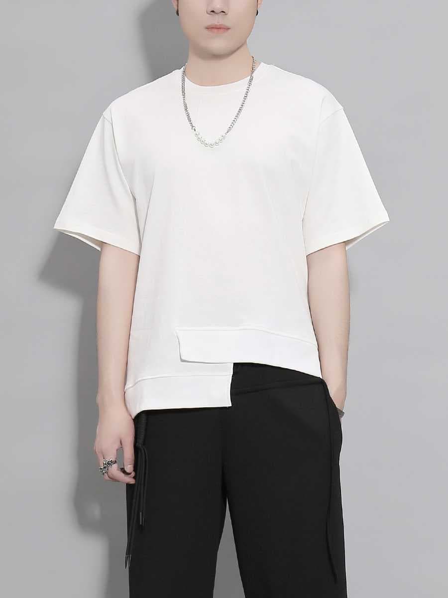 白Tシャツ メンズ 非対称裾デザイン半袖シャツ