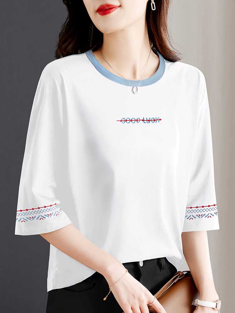白Tシャツ レディース 彩色刺繍入り五分袖ラウンドネック