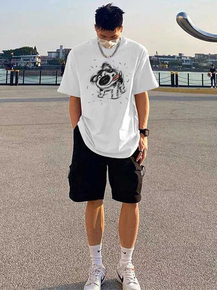 白Tシャツ メンズ 筆跡アート 渦巻きデザイン半袖