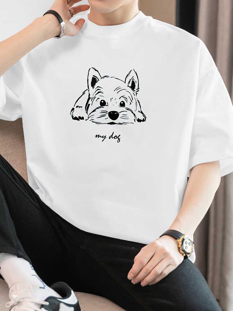 白Tシャツ メンズ 愛犬イラスト ゆったり半袖