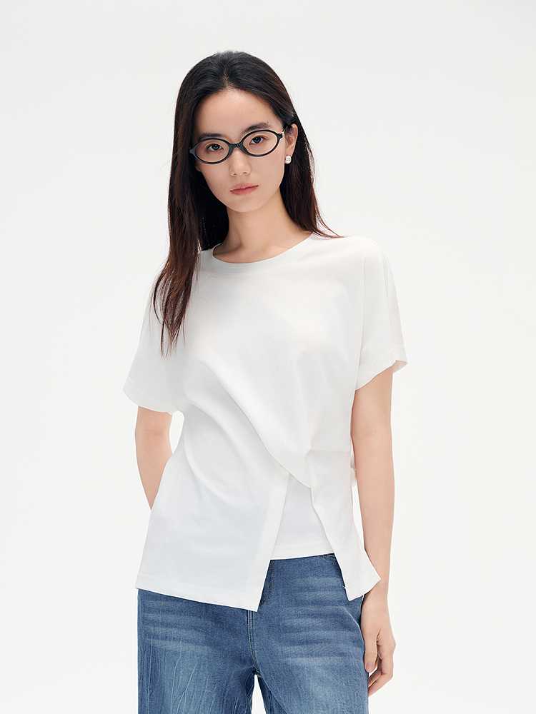 白Tシャツ アシンメトリーレイヤード半袖カットソー