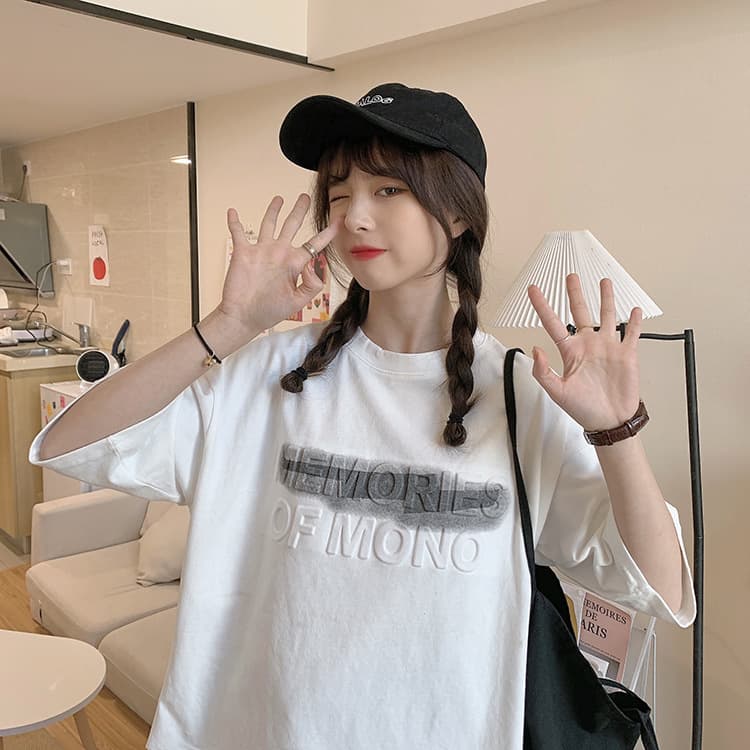 白Tシャツ プリントロゴ半袖白ティーシャツ体型カバーゆったり大きめサイズ