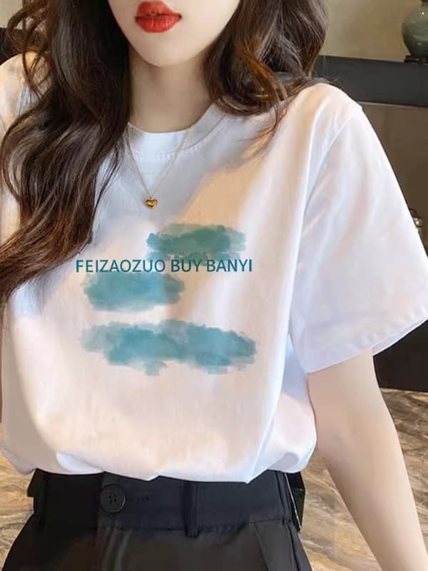 白Tシャツ レディース アートプリントゆったり半袖