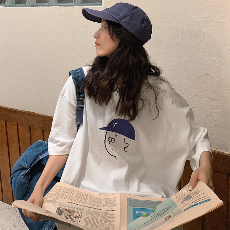 白Tシャツ レディース イラスト風帽子キャラクター七分袖