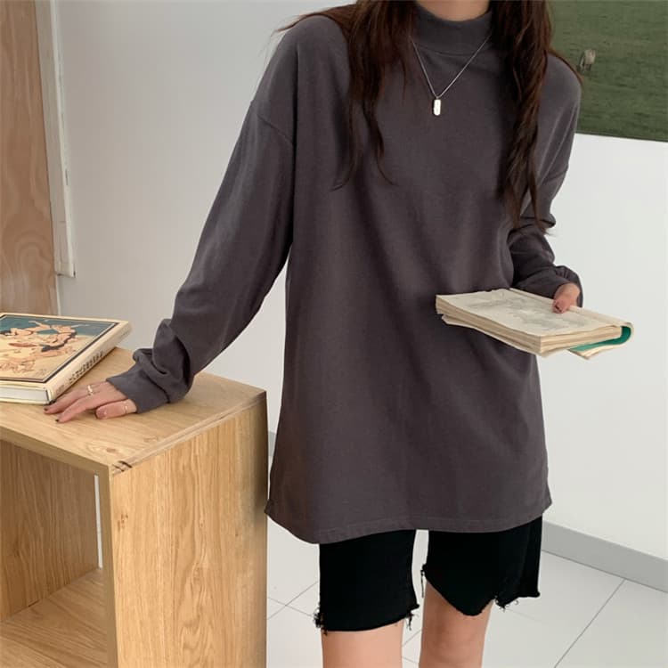 白Tシャツ 体型カバー白長袖タートルネックトップス