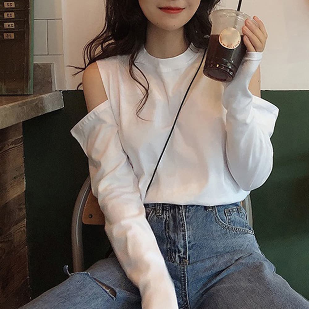 白Tシャツ 肩出し長袖カットソー レディース 白トップス