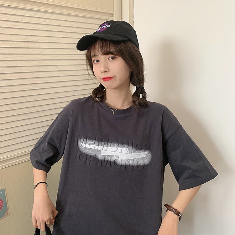 白Tシャツ プリントロゴ半袖白ティーシャツ体型カバーゆったり大きめサイズ