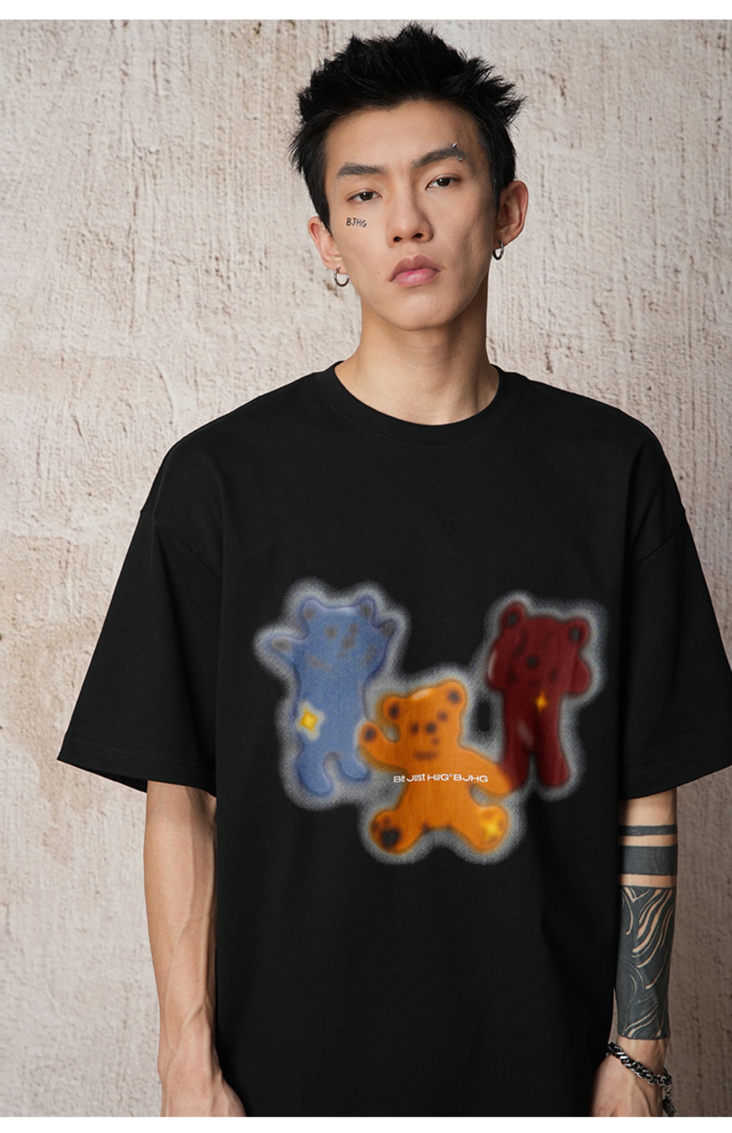 白Tシャツ メンズ 三色くまさん柄プリント半袖