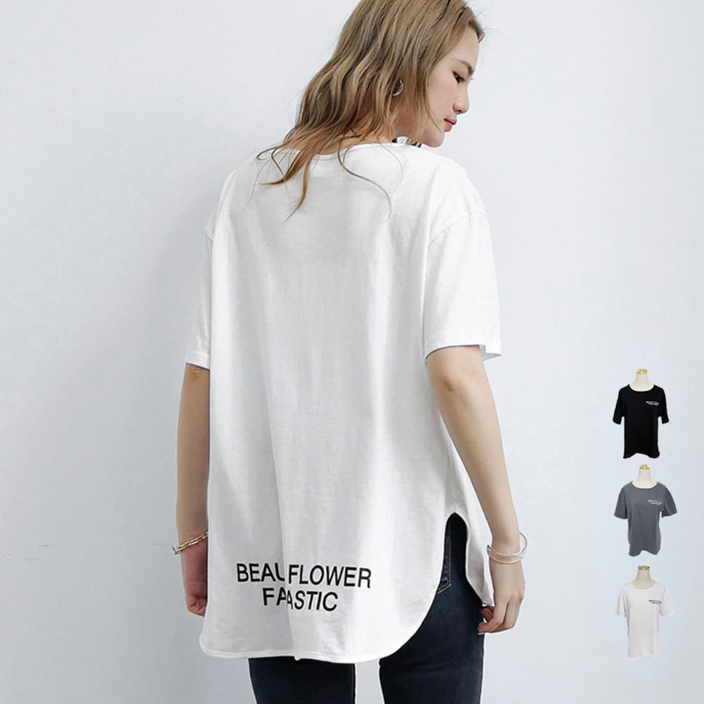 白Tシャツ 文字ロゴ白シャツ レディース サイドスリット韓国風