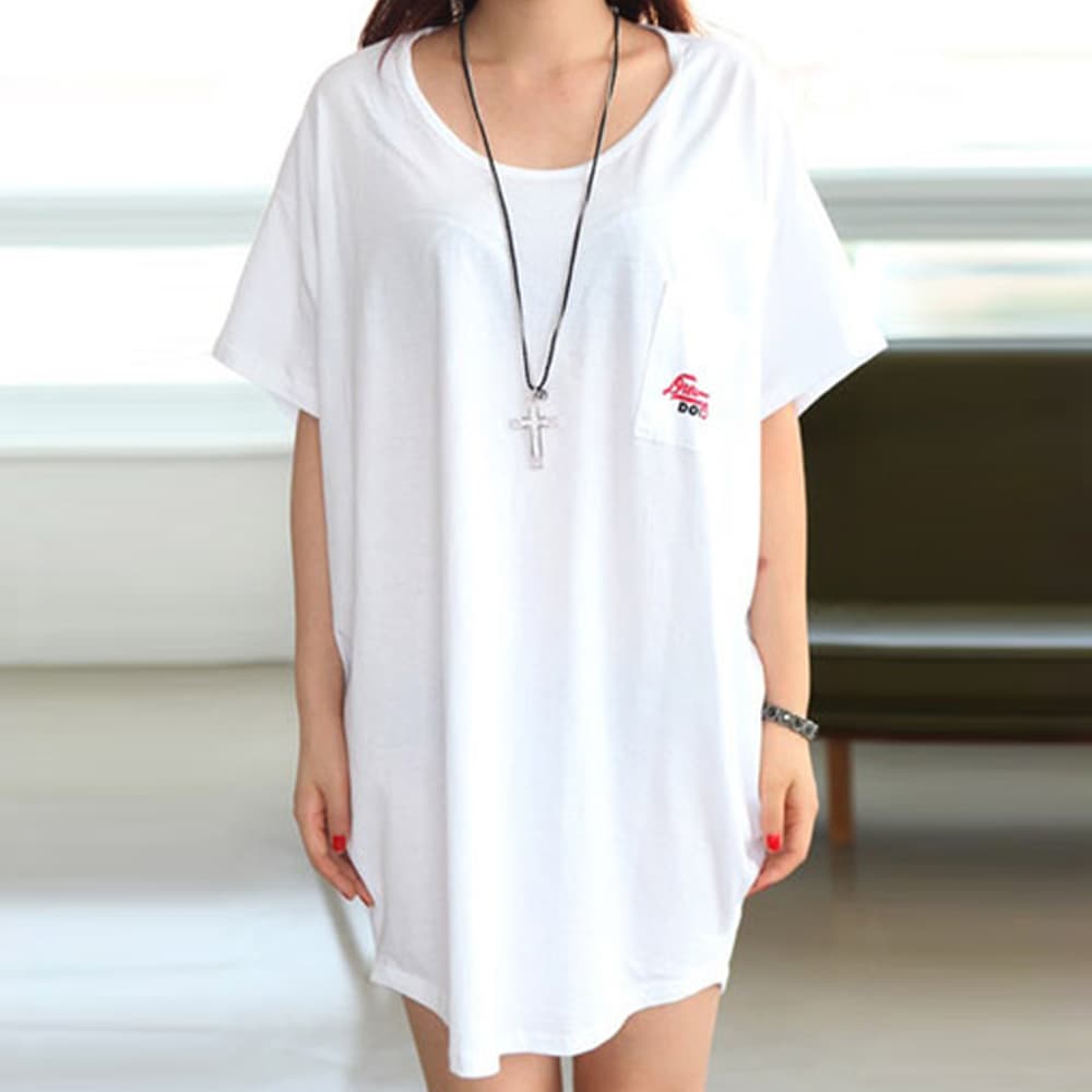 白Tシャツ ゆったり半袖チュニック丈長袖風シャツ