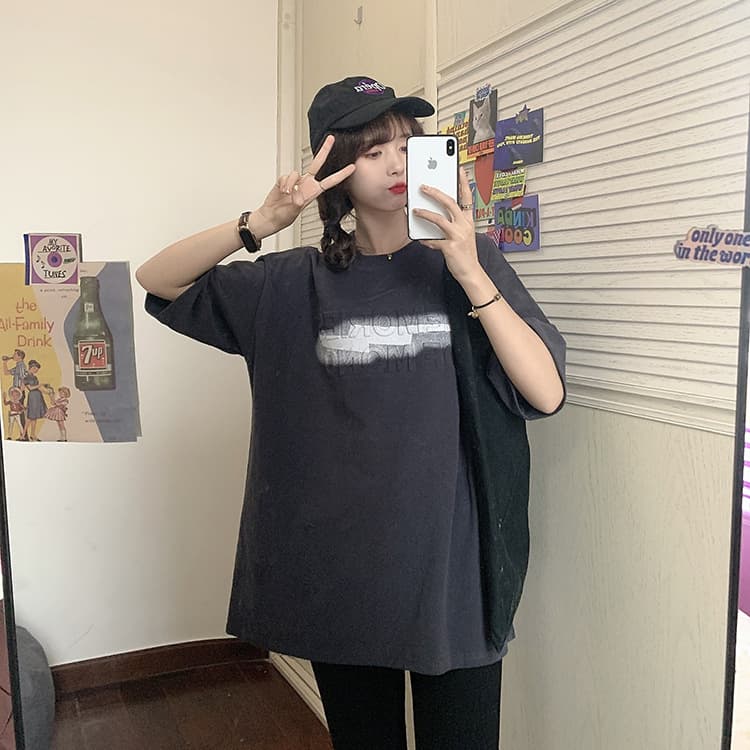 白Tシャツ プリントロゴ半袖白ティーシャツ体型カバーゆったり大きめサイズ