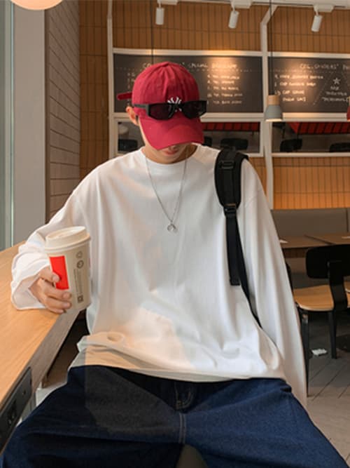 白Tシャツ メンズ ゆったり肩落ち長袖カットソー