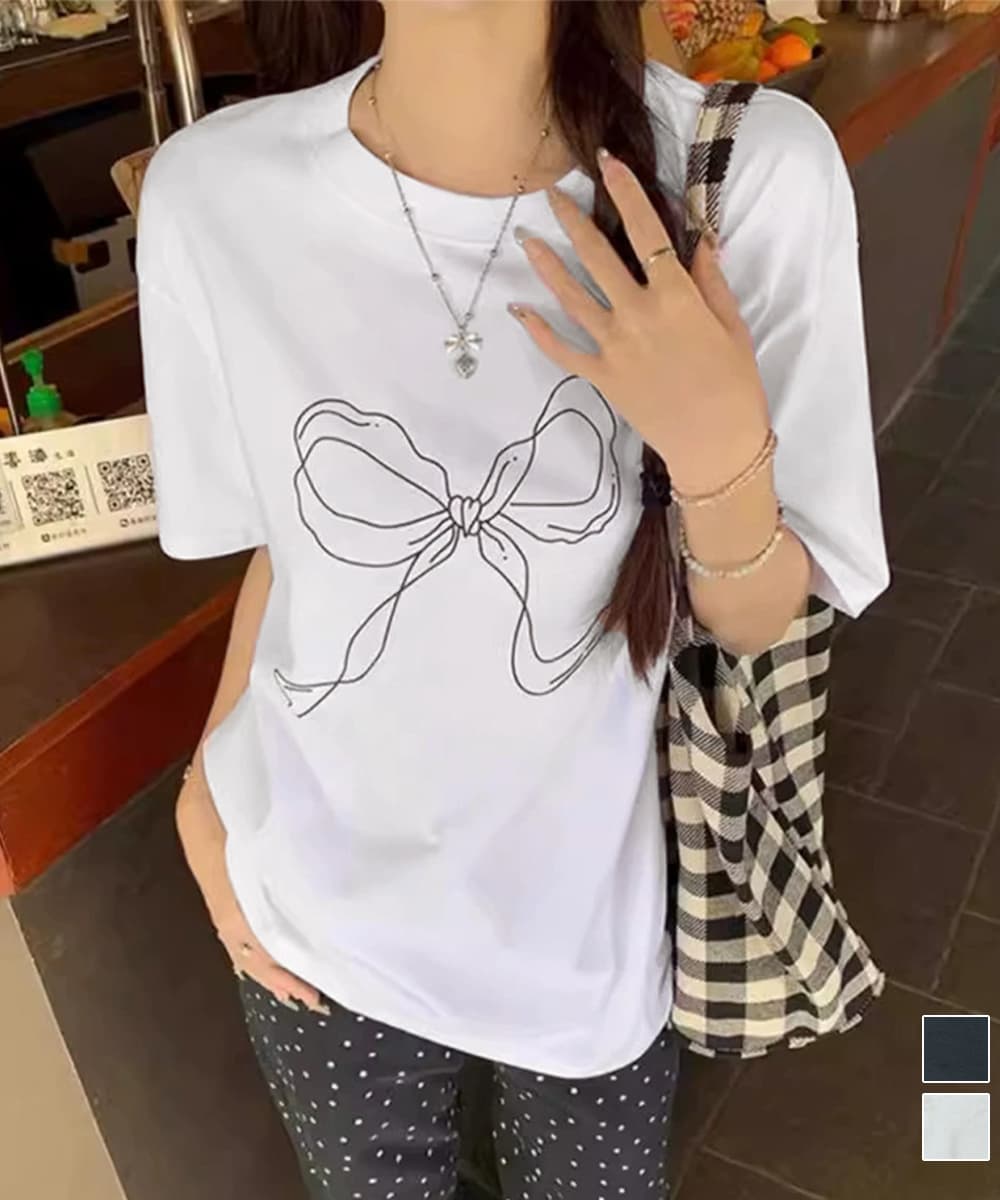 白Tシャツ リボンプリント半袖Tシャツ レディース 白T