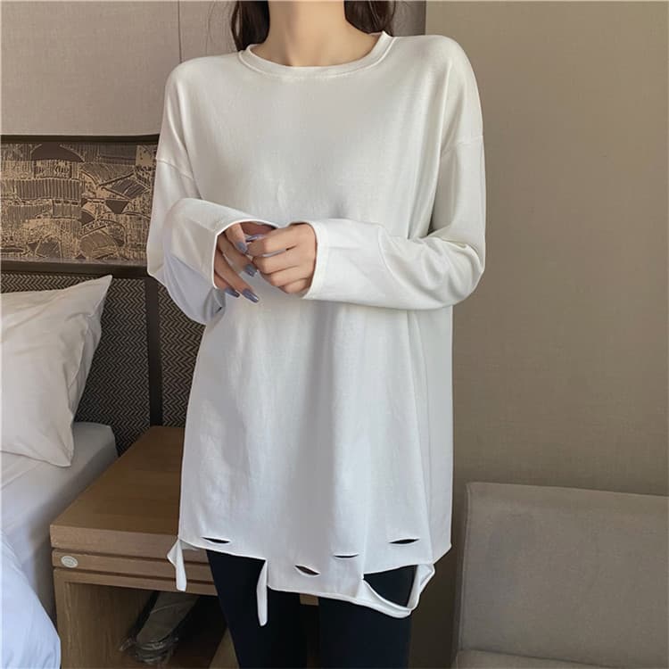白Tシャツ レディース白長袖シャツ スリット入りロング丈カジュアルトップス