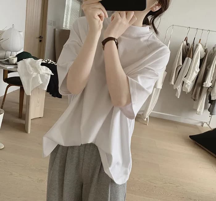 白Tシャツ ２０２４新作レディースプチハイネック白無地半袖ゆったり
