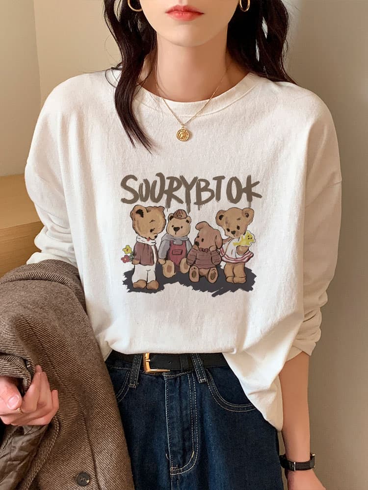 白Tシャツ レディース 優しい肌触り動物イラスト長袖