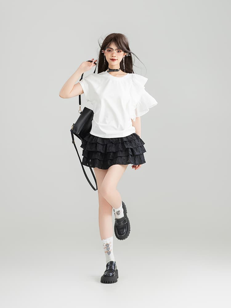 白Tシャツ レディース フリル袖デザインクラシック上質カットソー