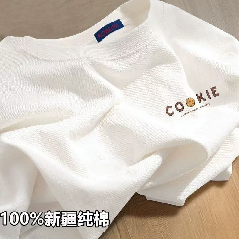 白Tシャツ お菓子柄入り シンプル半袖カットソー