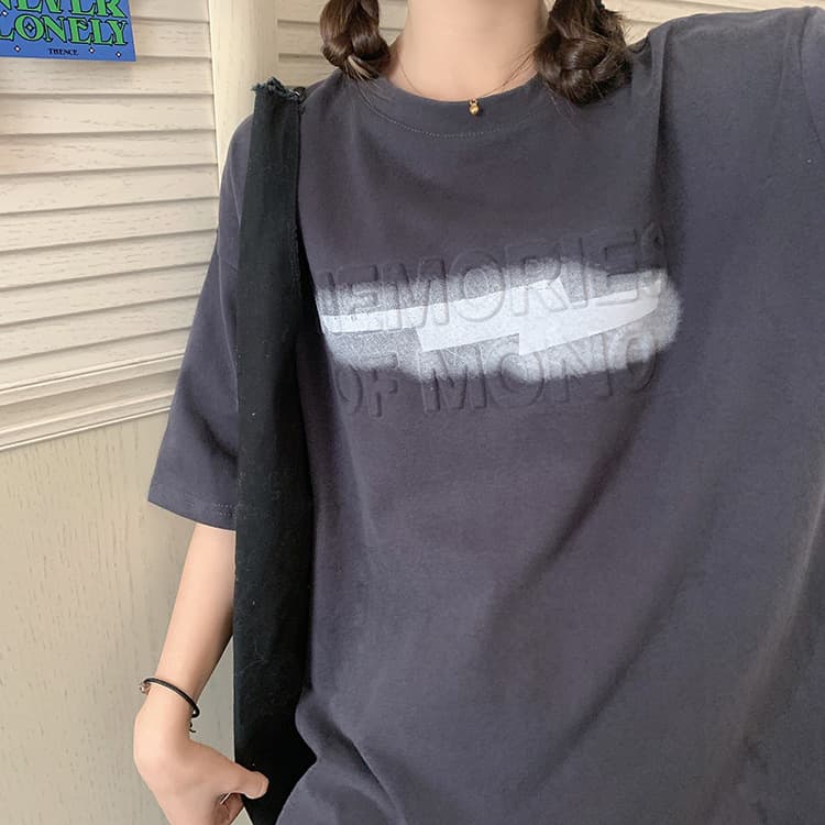 白Tシャツ プリントロゴ半袖白ティーシャツ体型カバーゆったり大きめサイズ