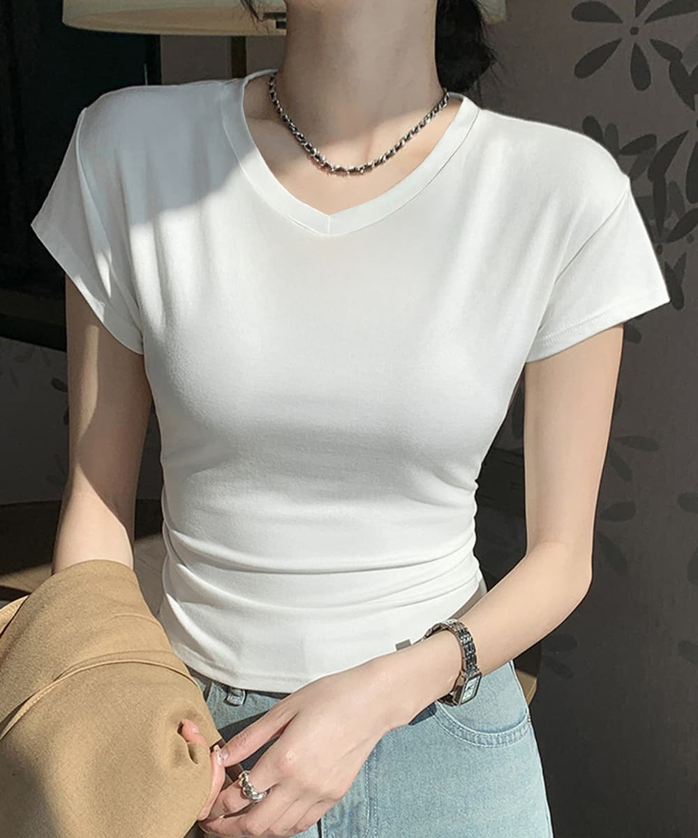 サイドギャザー半袖白Tシャツレディース