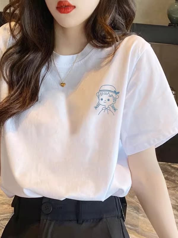 白Tシャツ レディース アートプリントゆったり半袖