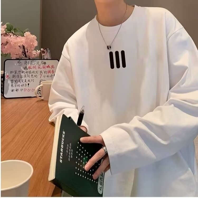 白Tシャツ メンズ シンプル三本線デザイン長袖カットソー