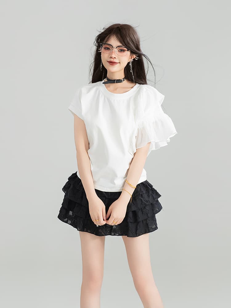 白Tシャツ レディース フリル袖デザインクラシック上質カットソー