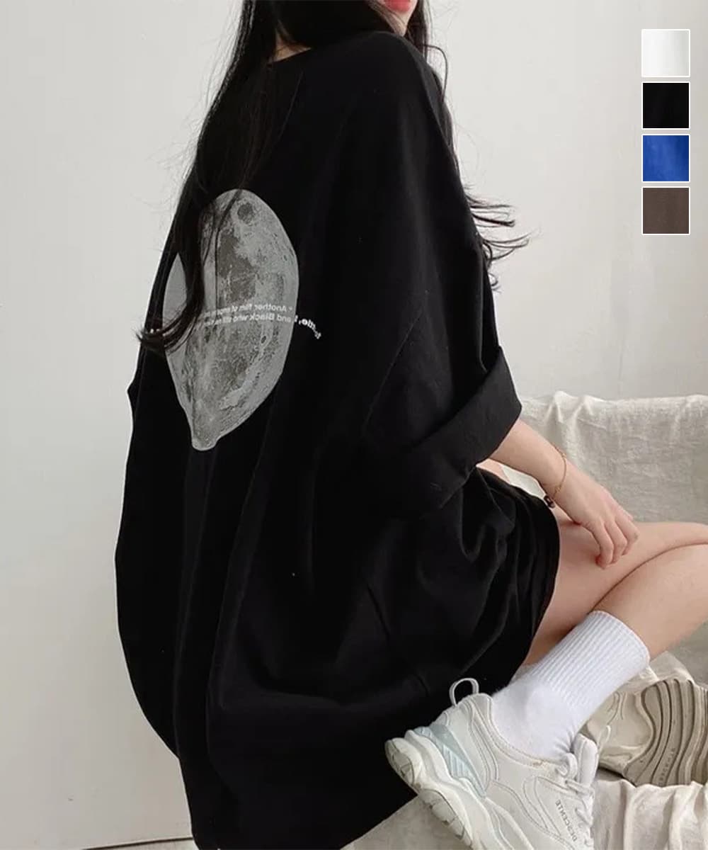 白Tシャツ 月柄バックプリント ゆったり半袖Tシャツ