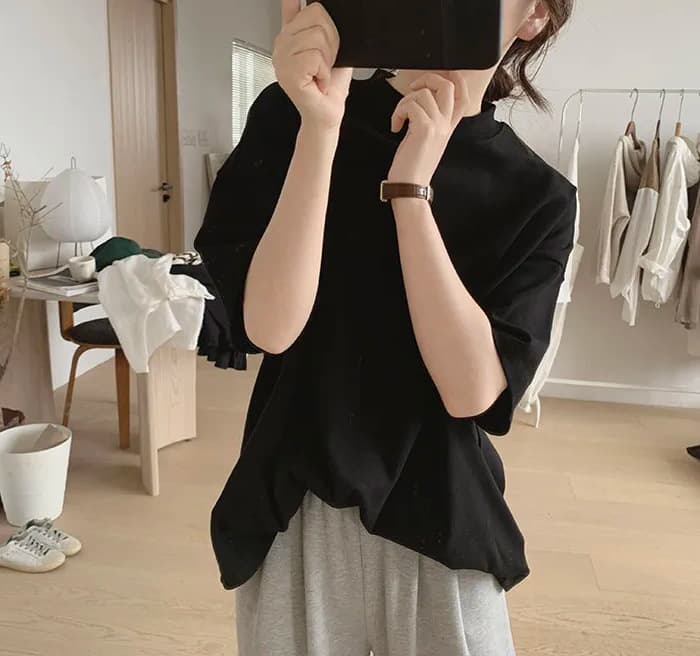 白Tシャツ ２０２４新作レディースプチハイネック白無地半袖ゆったり