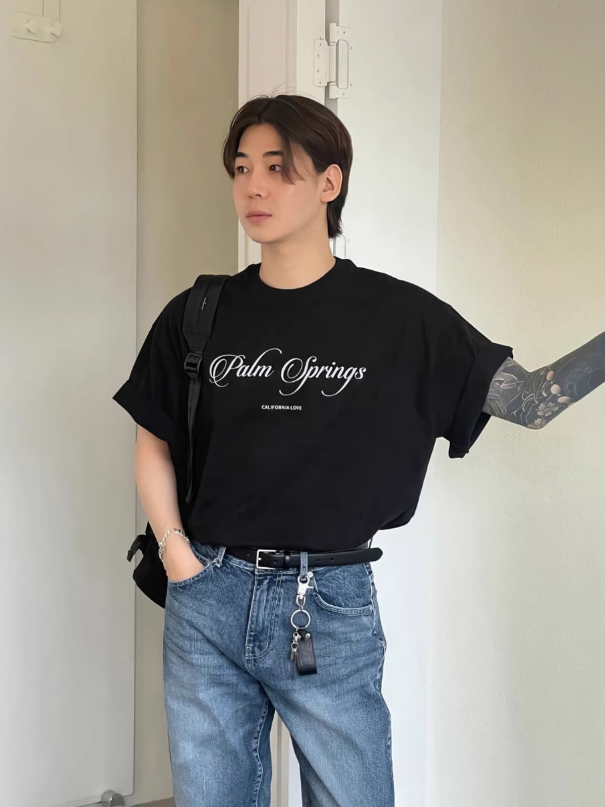 白Tシャツ メンズ 南国リゾート風プリント半袖シャツ