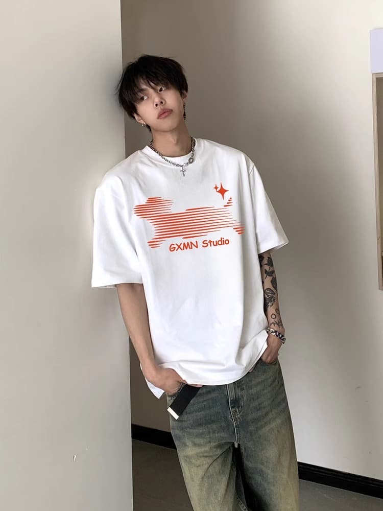 白Tシャツ メンズ 星光流線 ゆったりカットソー